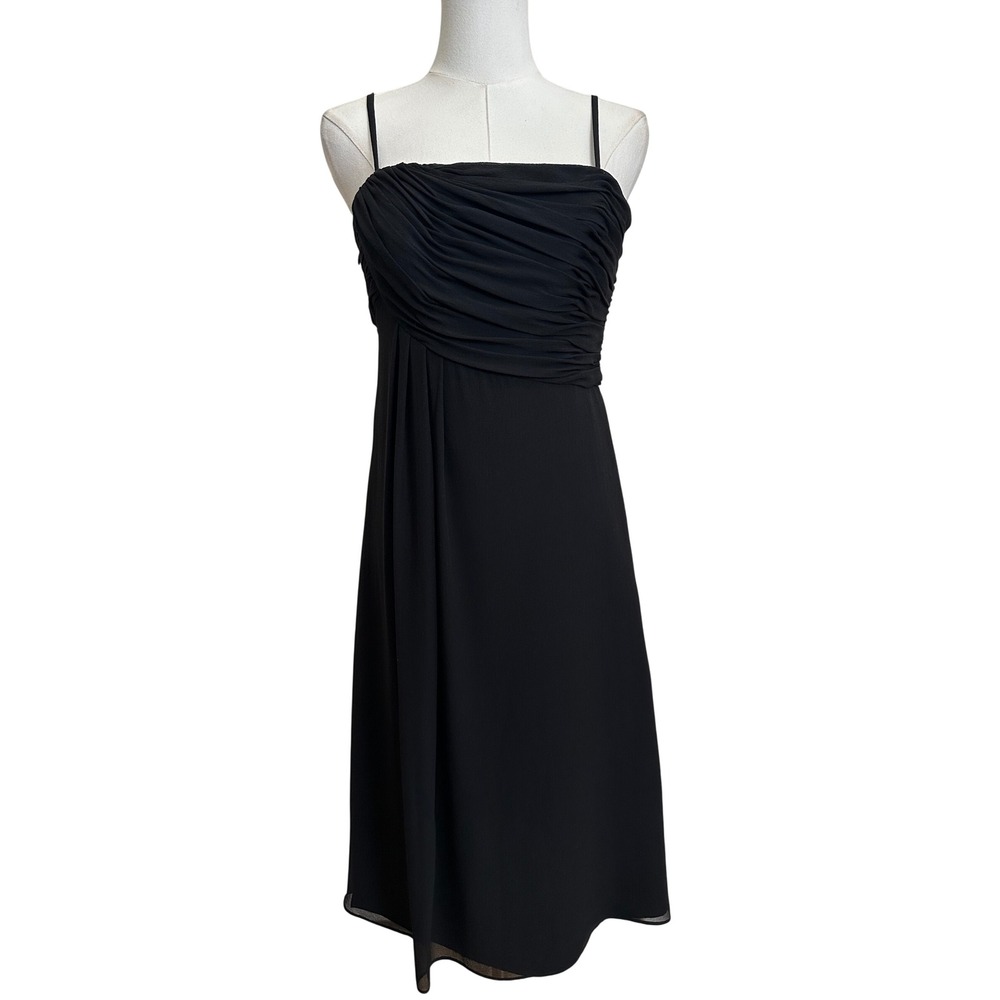 Escada Couture Black 100% Silk Ruched Bodice Spaghetti Strap Midi Dress 38